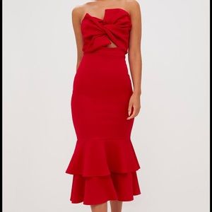 Red Scuba Bow Detail Frill Hem Midi Dress :: NWT